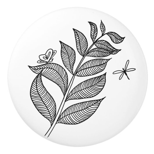 葉の小枝#1の陶磁器のノブ セラミックノブ (正面)