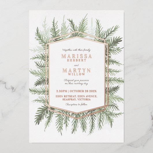 葉の常緑セージ緑の松の葉 箔招待状 (正面)