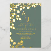 葉の手描き縁どの結婚押しセージ 箔招待状 (正面)