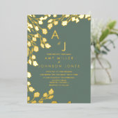 葉の手描き縁どの結婚押しセージ 箔招待状 (立ち正面)