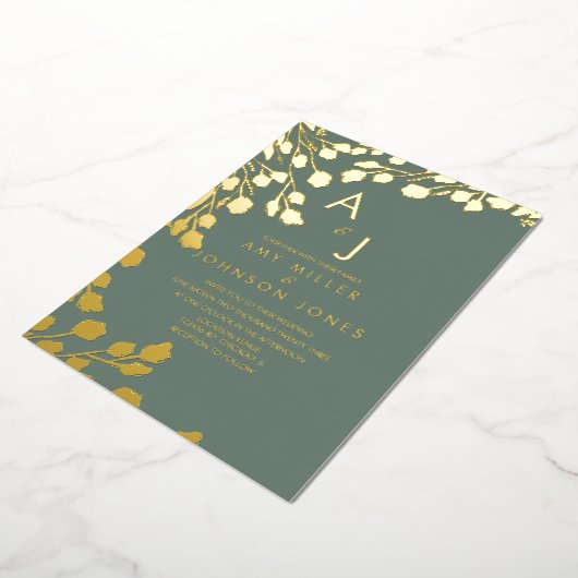 葉の手描き縁どの結婚押しセージ 箔招待状 (回転した状態)