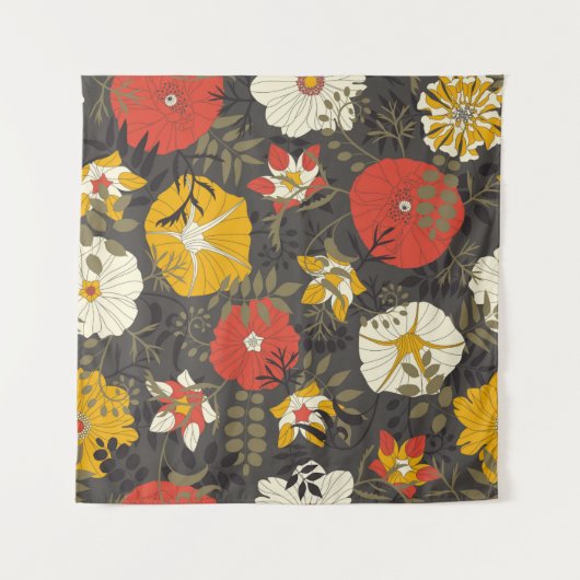 ～葉の暗い背景に描かれた漫画のと花 タペストリー (正面(横))