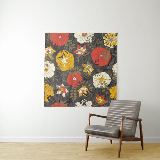 ～葉の暗い背景に描かれた漫画のと花 タペストリー (インサイチュ(横))