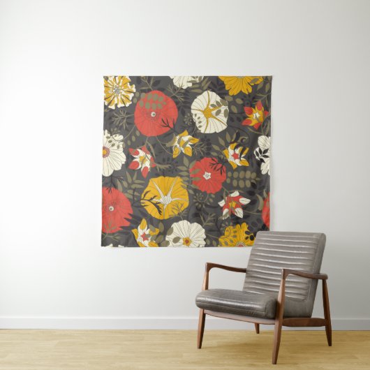 ～葉の暗い背景に描かれた漫画のと花 タペストリー (インサイチュ)