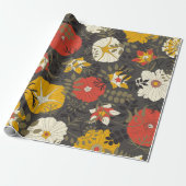 ～葉の暗い背景に描かれた漫画のと花 ラッピングペーパー (アンロールド)