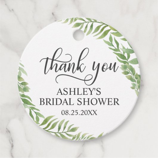 葉の植物学的な花輪 ブライダルシャワーのお礼 フェイバータグ (正面)