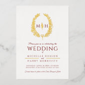 葉の楕円形のラインアートの結婚ブルゴーニュな赤い金ゴールド箔 箔招待状 (正面)