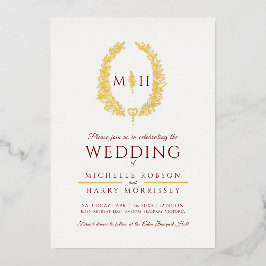 葉の楕円形のラインアートの結婚ブルゴーニュな赤い金ゴールド箔 箔招待状