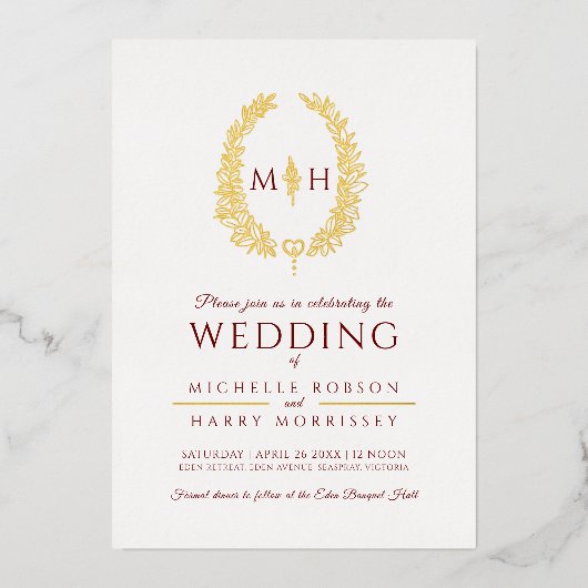 葉の楕円形のラインアートの結婚ブルゴーニュな赤い金ゴールド箔 箔招待状 (正面)