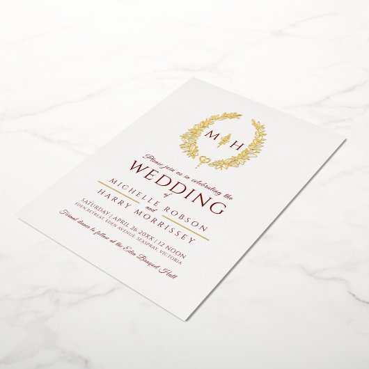 葉の楕円形のラインアートの結婚ブルゴーニュな赤い金ゴールド箔 箔招待状 (回転した状態)