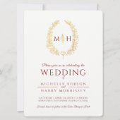 葉の楕円形のラインアートの結婚燃え盛った赤い金ゴールド 招待状 (正面)