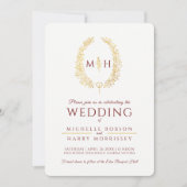 葉の楕円形のラインアートの結婚燃え盛った赤い金ゴールド 招待状 (正面)