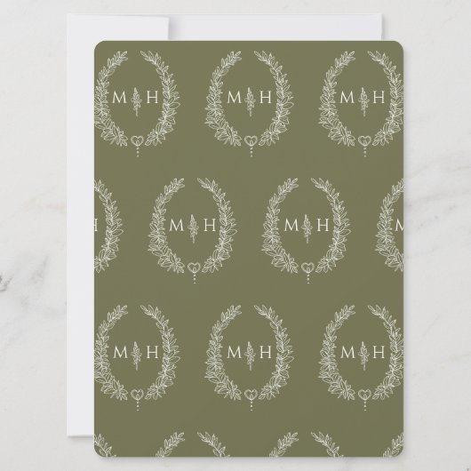 葉の楕円形のライン結婚アートのオリーブグリーンと白 招待状 (裏面)