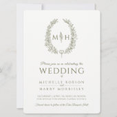 葉の楕円形のライン結婚アートのオリーブグリーンと白 招待状 (正面)