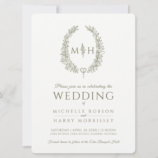 葉の楕円形のライン結婚アートのオリーブグリーンと白 招待状 (正面)