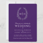 葉の楕円形の線結婚アートのシルバーパープルとホワイト 招待状 (正面)