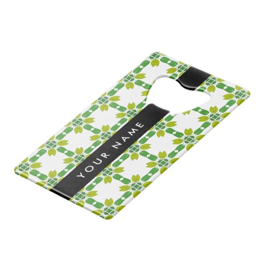 葉の模様、緑葉の、名前 クレジットカード栓抜き (正面アングル)