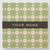 葉の模様、緑葉の、名前 ストーンコースター (正面)