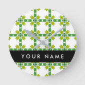 葉の模様、緑葉の、名前 ラウンド壁時計 (正面)