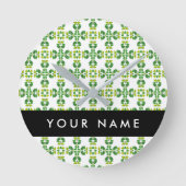 葉の模様、緑葉の、名前 ラウンド壁時計 (正面)