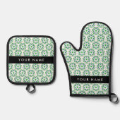 葉の模様、緑葉の、名前 鍋つかみ&鍋敷きセット (正面)