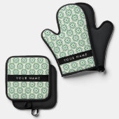 葉の模様、緑葉の、名前 鍋つかみ&鍋敷きセット (正面/裏面)