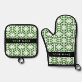 葉の模様、緑葉の、名前 鍋つかみ&鍋敷きセット (正面)