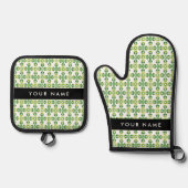 葉の模様、緑葉の、名前 鍋つかみ&鍋敷きセット (正面)