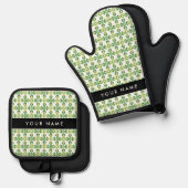 葉の模様、緑葉の、名前 鍋つかみ&鍋敷きセット (正面/裏面)