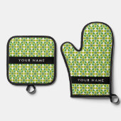 葉の模様、緑葉の、名前 鍋つかみ&鍋敷きセット (正面)