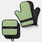 葉の模様、緑葉の、名前 鍋つかみ&鍋敷きセット (正面/裏面)