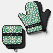 葉の模様、緑葉の、名前 鍋つかみ&鍋敷きセット (正面/裏面)