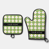 葉の模様、緑葉の、名前 鍋つかみ&鍋敷きセット (正面)