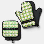 葉の模様、緑葉の、名前 鍋つかみ&鍋敷きセット (正面/裏面)