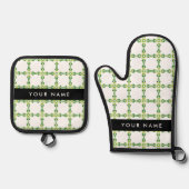 葉の模様、緑葉の、名前 鍋つかみ&鍋敷きセット (正面)