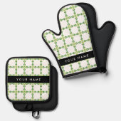 葉の模様、緑葉の、名前 鍋つかみ&鍋敷きセット (正面/裏面)