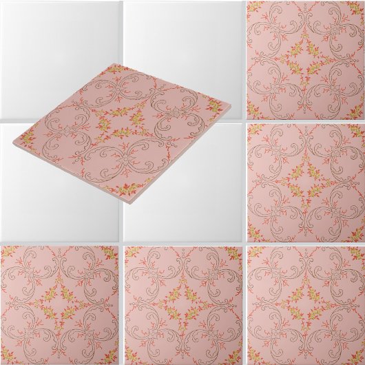 葉の渦巻き文様の重なる花輪 タイル