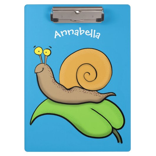 葉の漫画の上の可愛い、幸せなカタツムリイラストレーション クリップボード (正面)