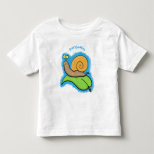 葉の漫画の上の可愛い、幸せなカタツムリイラストレーション トドラーTシャツ