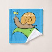葉の漫画の上の可愛い、幸せなカタツムリイラストレーション バスタオルセット (ウォッシュタオル)