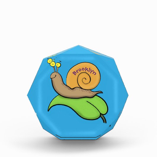 葉の漫画の上の可愛い、幸せなカタツムリイラストレーション フォトブロック (正面)