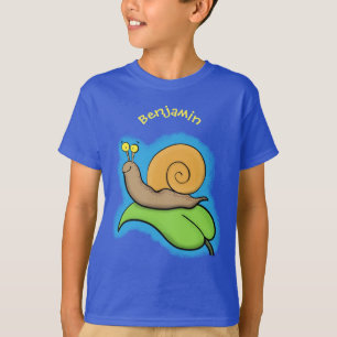 葉の漫画の上の可愛い、幸せなカタツムリイラストレーション Tシャツ