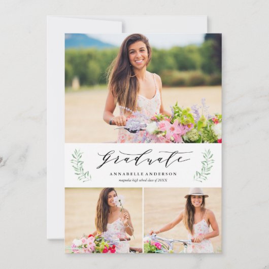 葉の生い茂るラウレルの卒業おめでとうマルチ写真発表 案内状 (正面)