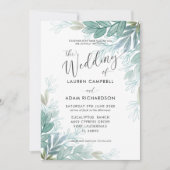 葉の素朴セージ緑とティール(緑がかった色)の緑結婚の 招待状 (正面)