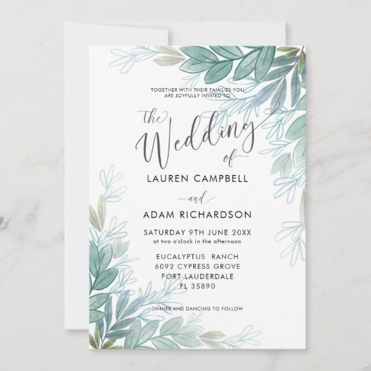 葉の素朴セージ緑とティール（緑がかった色）の緑結婚の 招待状 (正面)