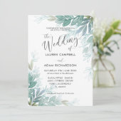 葉の素朴セージ緑とティール(緑がかった色)の緑結婚の 招待状 (スタンド正面)