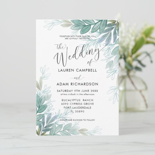 葉の素朴セージ緑とティール（緑がかった色）の緑結婚の 招待状 (スタンド正面)