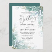 葉の素朴セージ緑とティール(緑がかった色)の緑結婚の 招待状 (正面/裏面)
