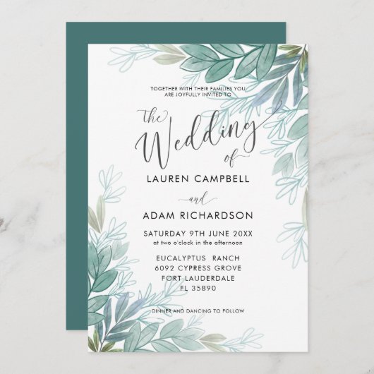 葉の素朴セージ緑とティール(緑がかった色)の緑結婚の 招待状 (正面/裏面)