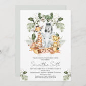 葉の緑のサファリワイルドワンベイビーシャワー 招待状 (正面/裏面)